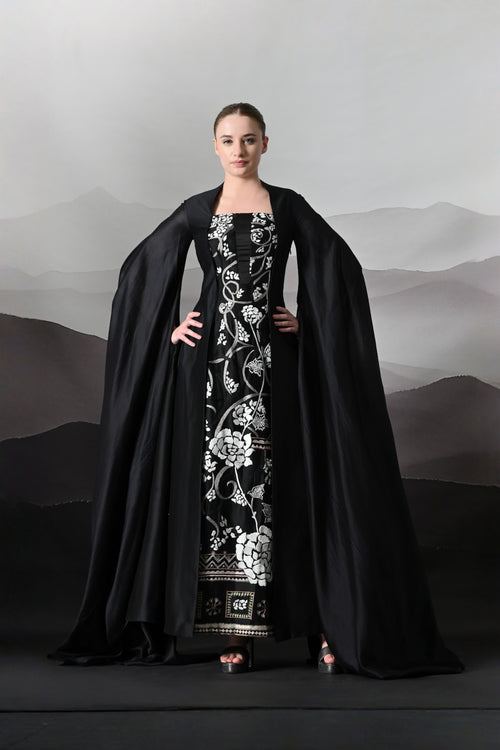 Black Gown With Winged Draped Panels And Handwork Embroidery