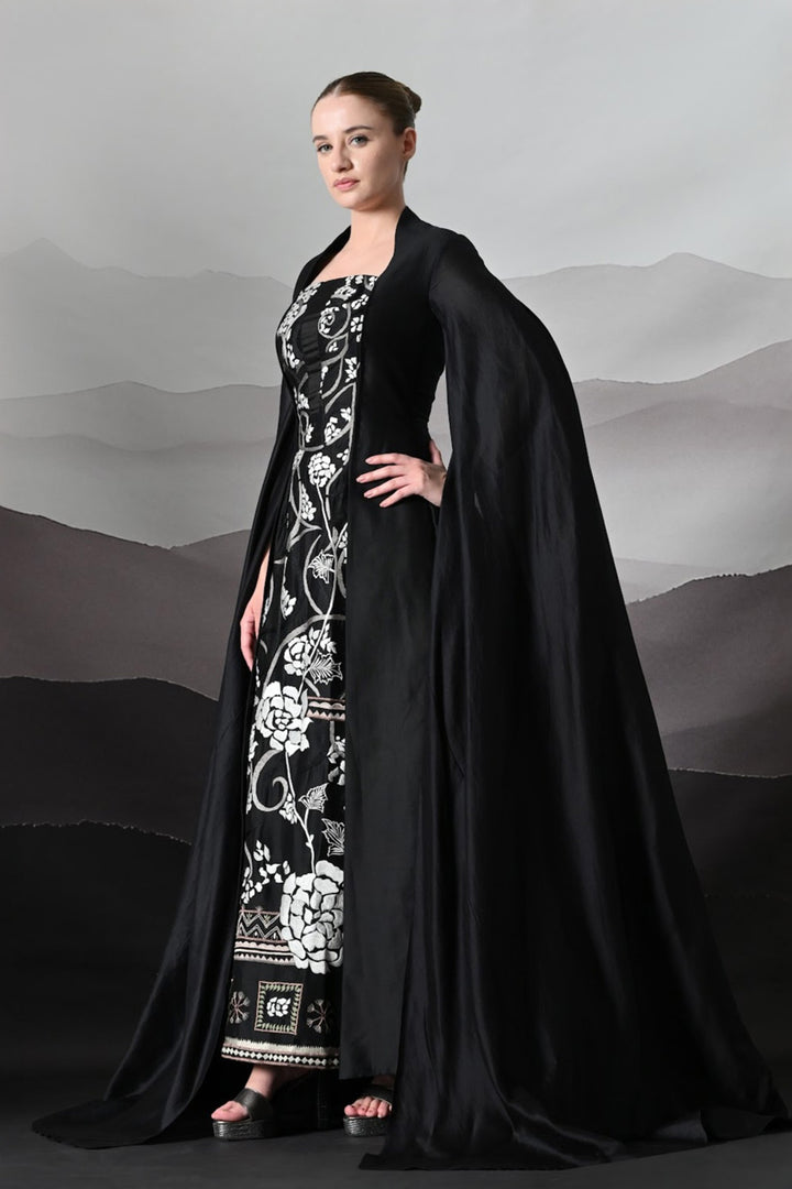 Black Gown With Winged Draped Panels And Handwork Embroidery