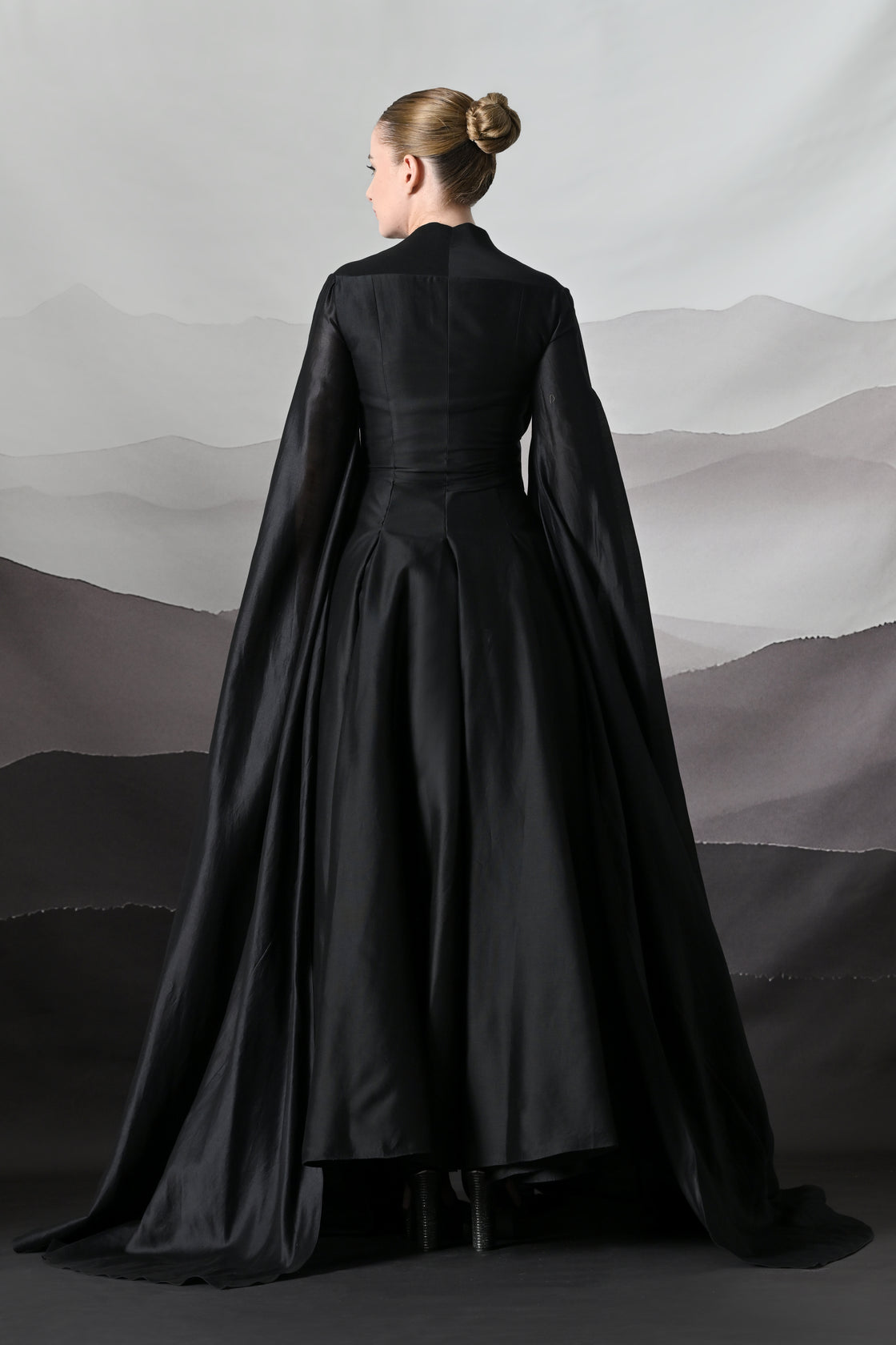Black Gown with Winged Draped Panels and Handwork Embroidery