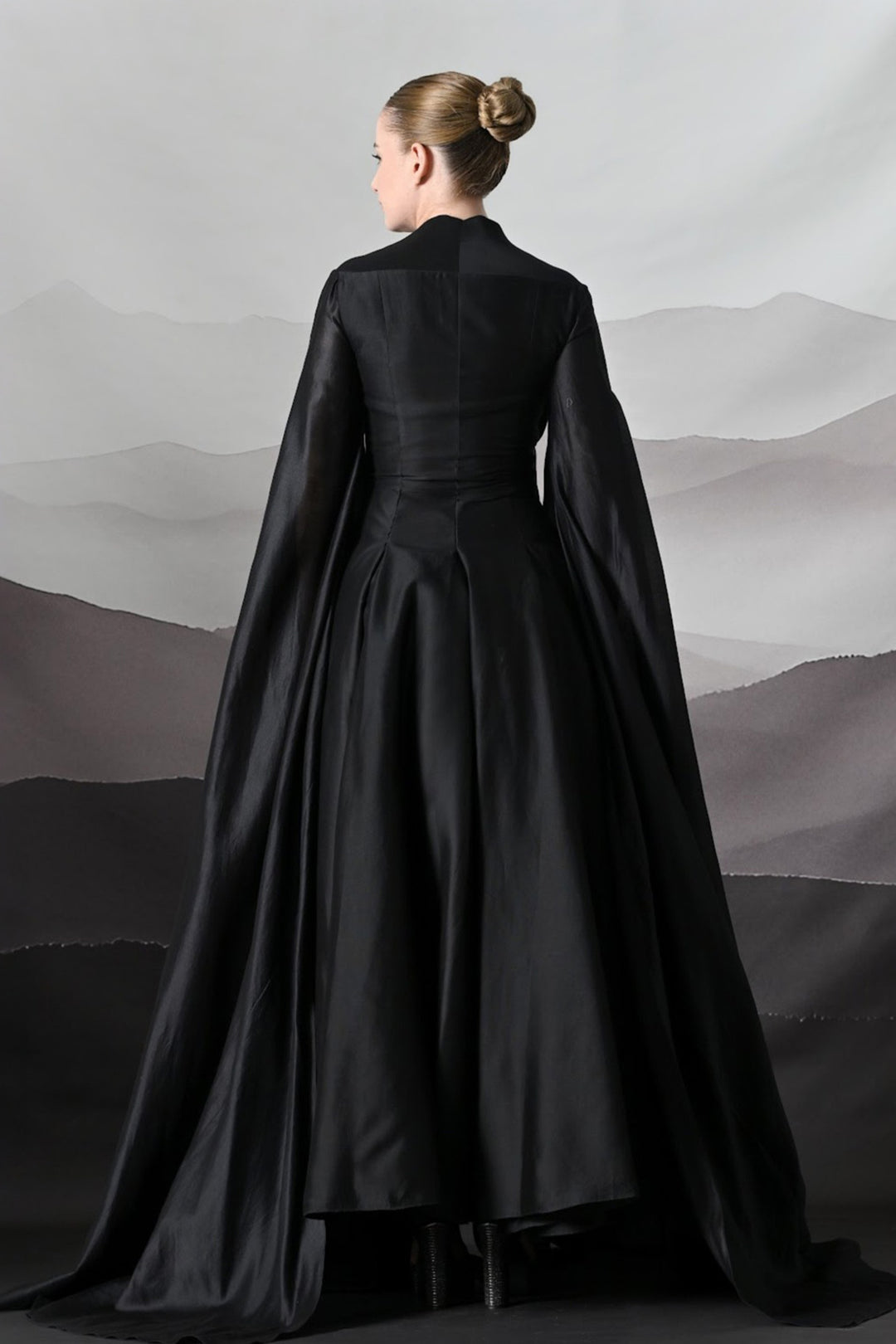Black Gown With Winged Draped Panels And Handwork Embroidery