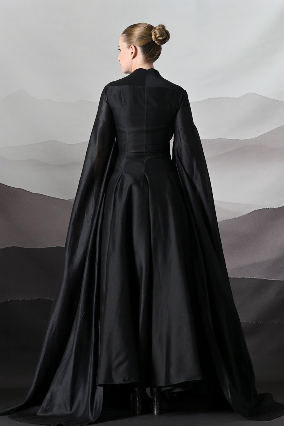 Black Gown With Winged Draped Panels And Handwork Embroidery