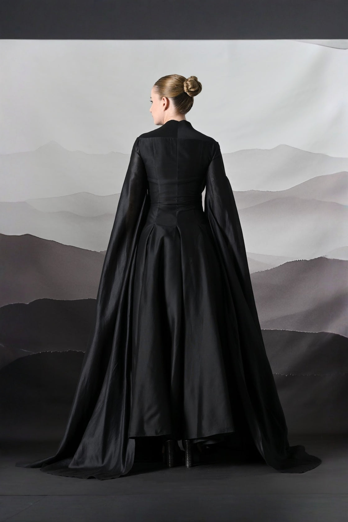 Black Gown With Winged Draped Panels And Handwork Embroidery