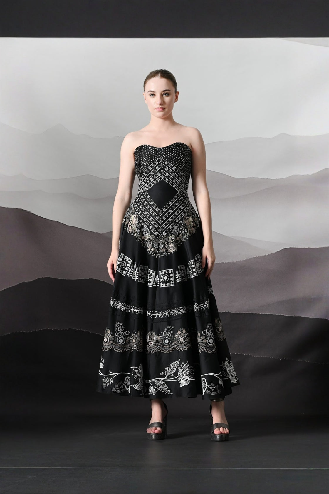 Black Kaftan Defined By Precision Handwork And Vertical Continuity