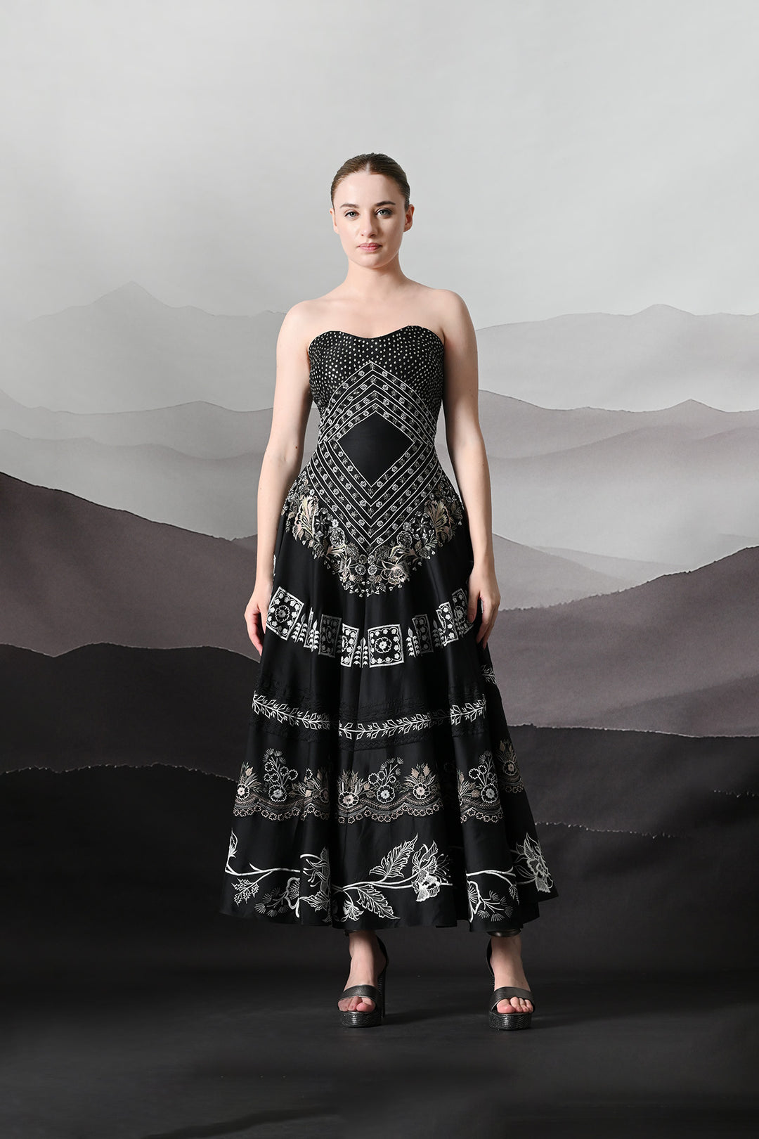 Black Strapless Dress with Panelled Embroidery