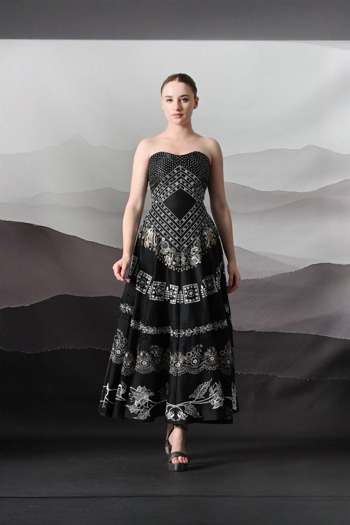 Black Kaftan Defined By Precision Handwork And Vertical Continuity