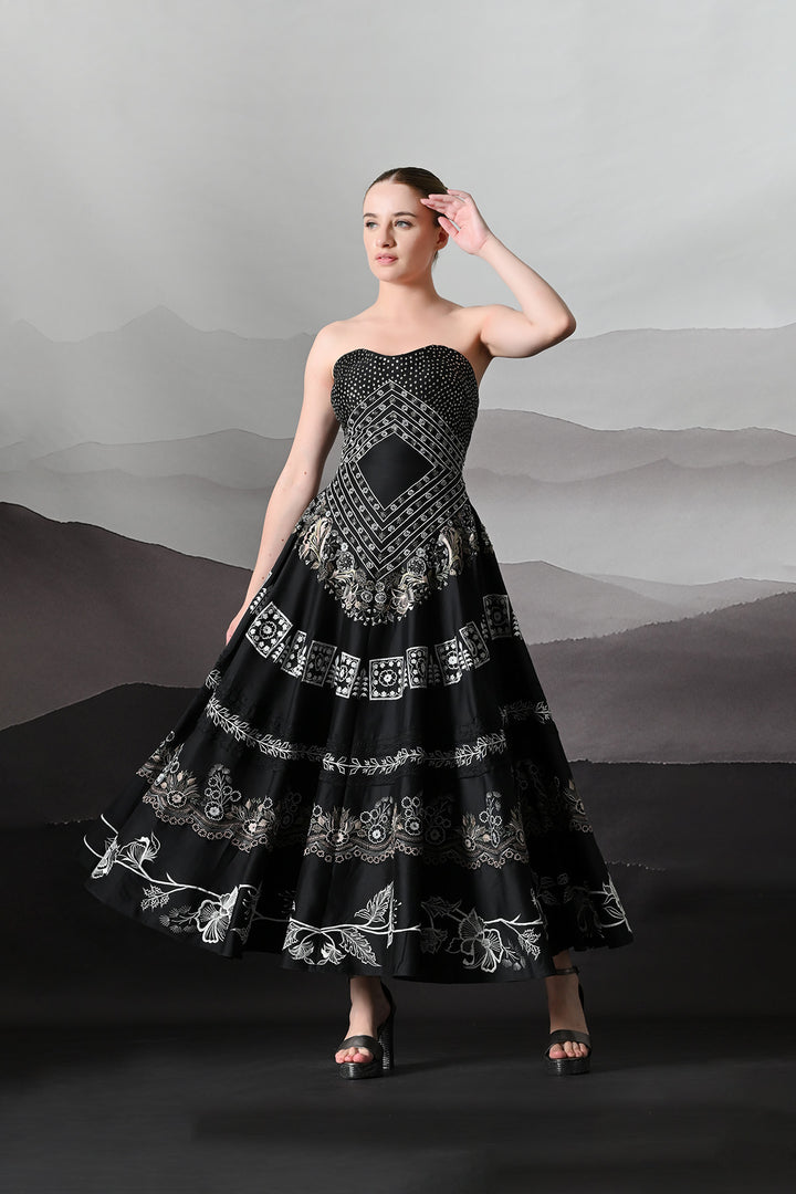 Black Strapless Dress with Panelled Embroidery