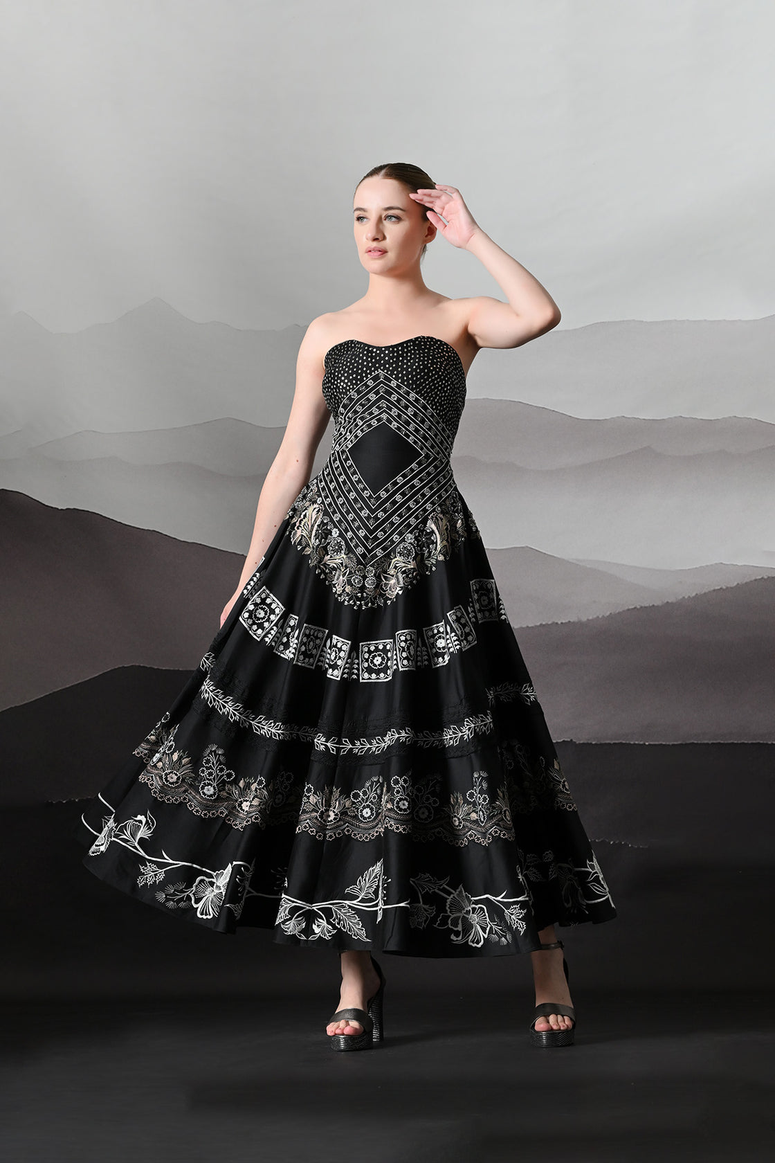 Black Kaftan Defined By Precision Handwork And Vertical Continuity