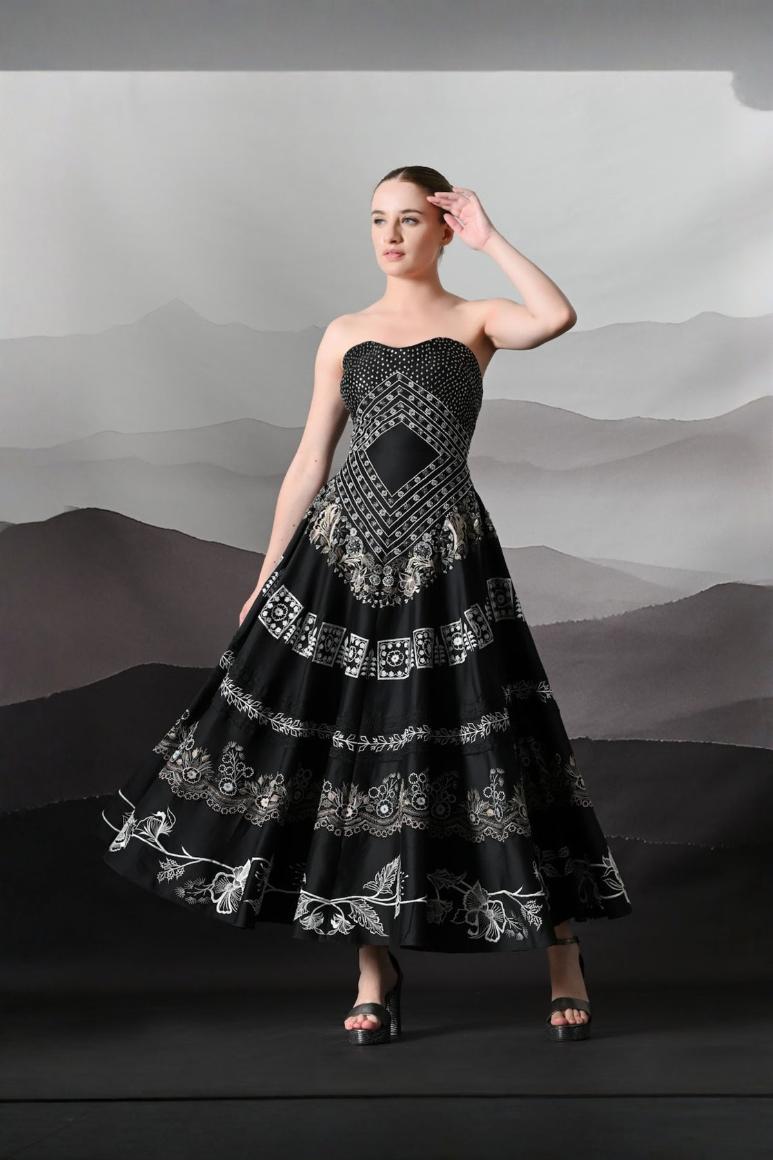 Black Kaftan Defined By Precision Handwork And Vertical Continuity