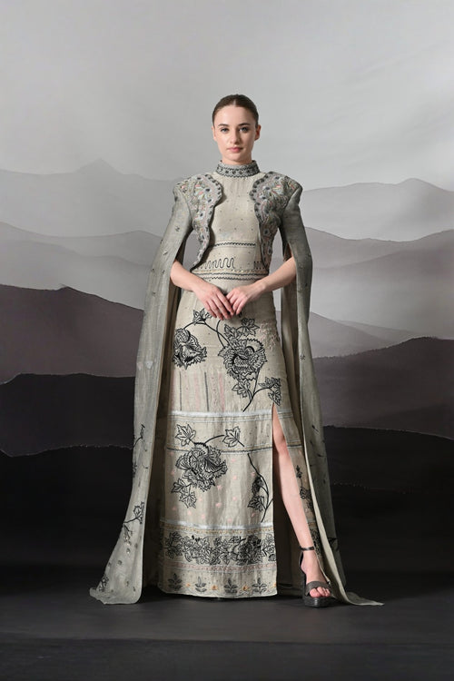 Grey Gown With Hand-Embroidered Linear Detail And Structured Drape