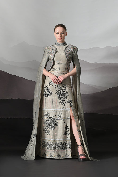 Grey Gown With Hand-Embroidered Linear Detail And Structured Drape