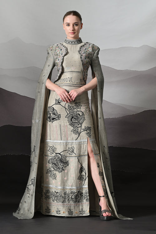 Grey Gown with Hand-Embroidered Linear Detail and Structured Drape