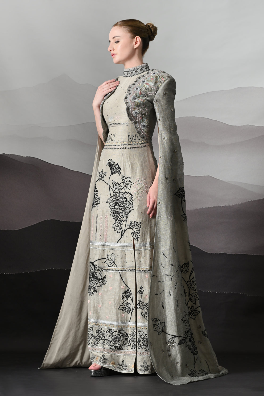 Grey Gown with Hand-Embroidered Linear Detail and Structured Drape