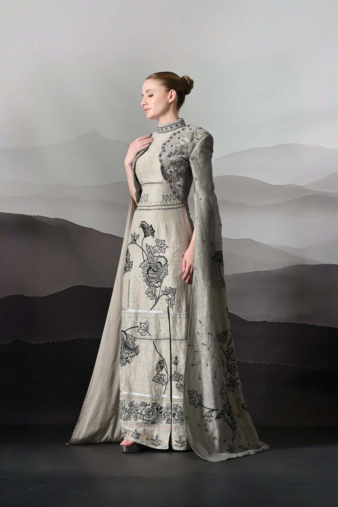 Grey Gown With Hand-Embroidered Linear Detail And Structured Drape