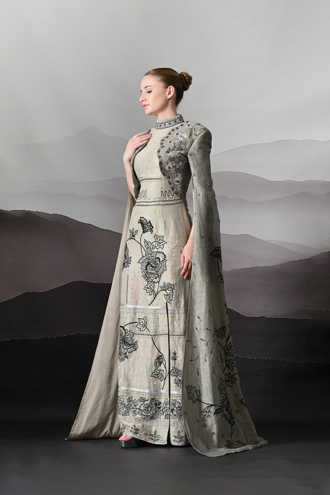 Grey Gown With Hand-Embroidered Linear Detail And Structured Drape