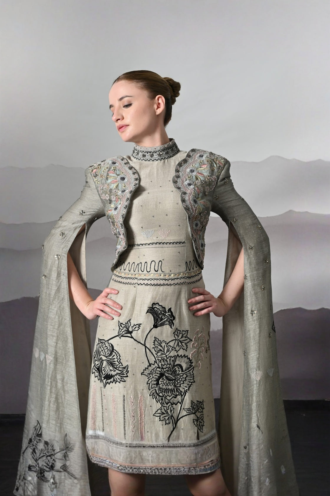 Grey Gown With Hand-Embroidered Linear Detail And Structured Drape