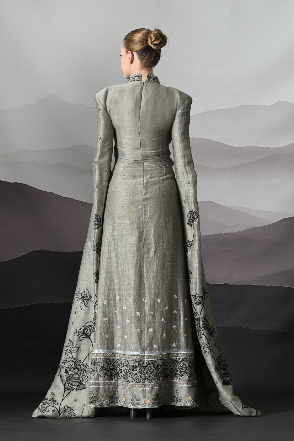 Grey Gown with Hand-Embroidered Linear Detail and Structured Drape