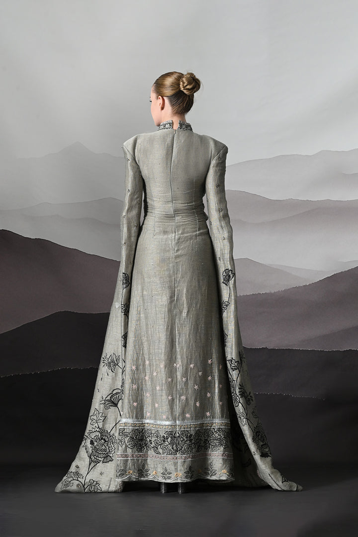Grey Gown With Hand-Embroidered Linear Detail And Structured Drape