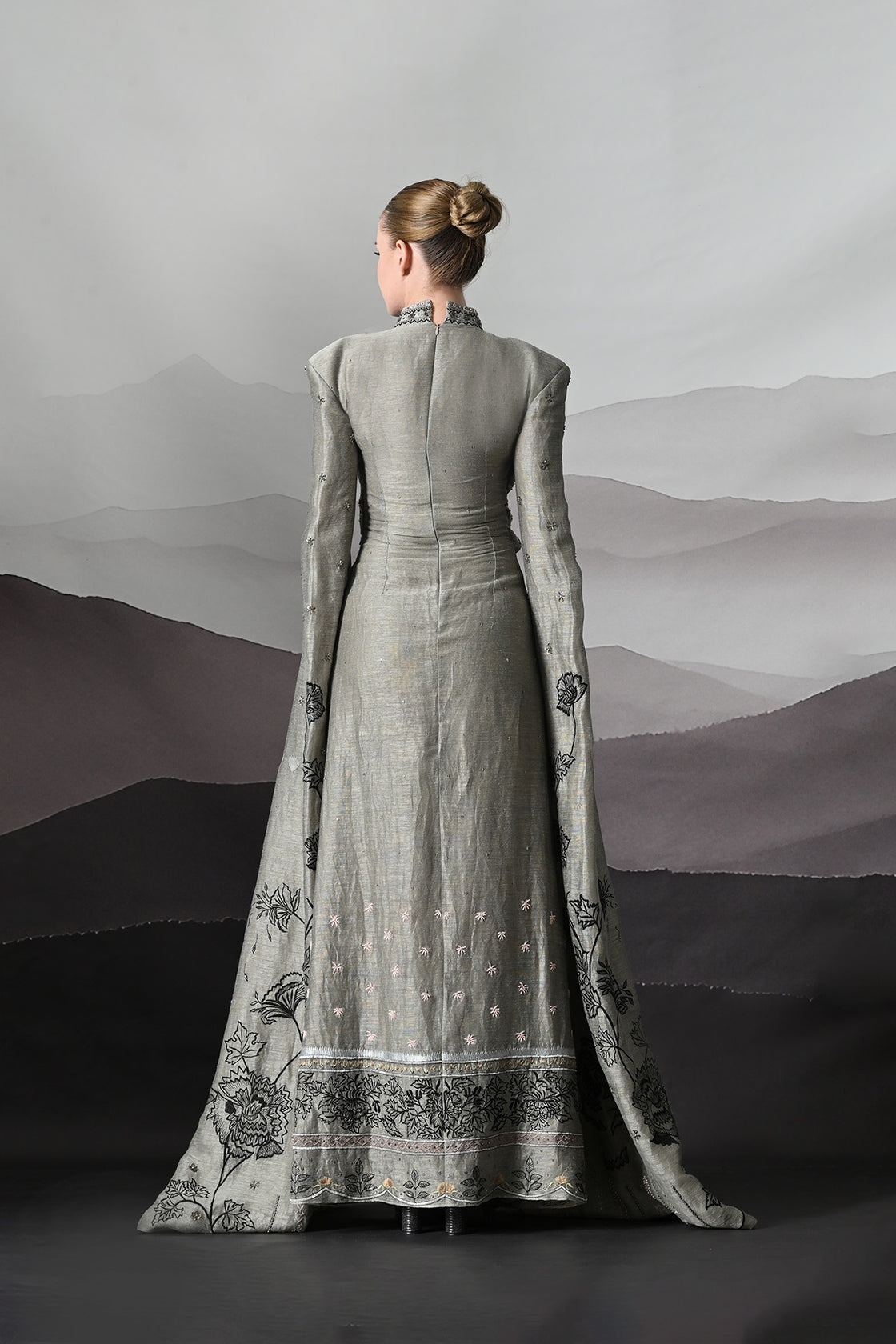 Grey Gown With Hand-Embroidered Linear Detail And Structured Drape