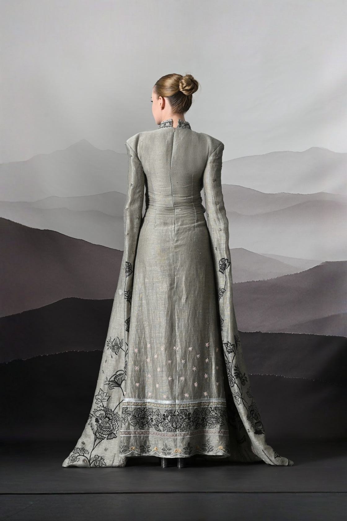 Grey Gown With Hand-Embroidered Linear Detail And Structured Drape