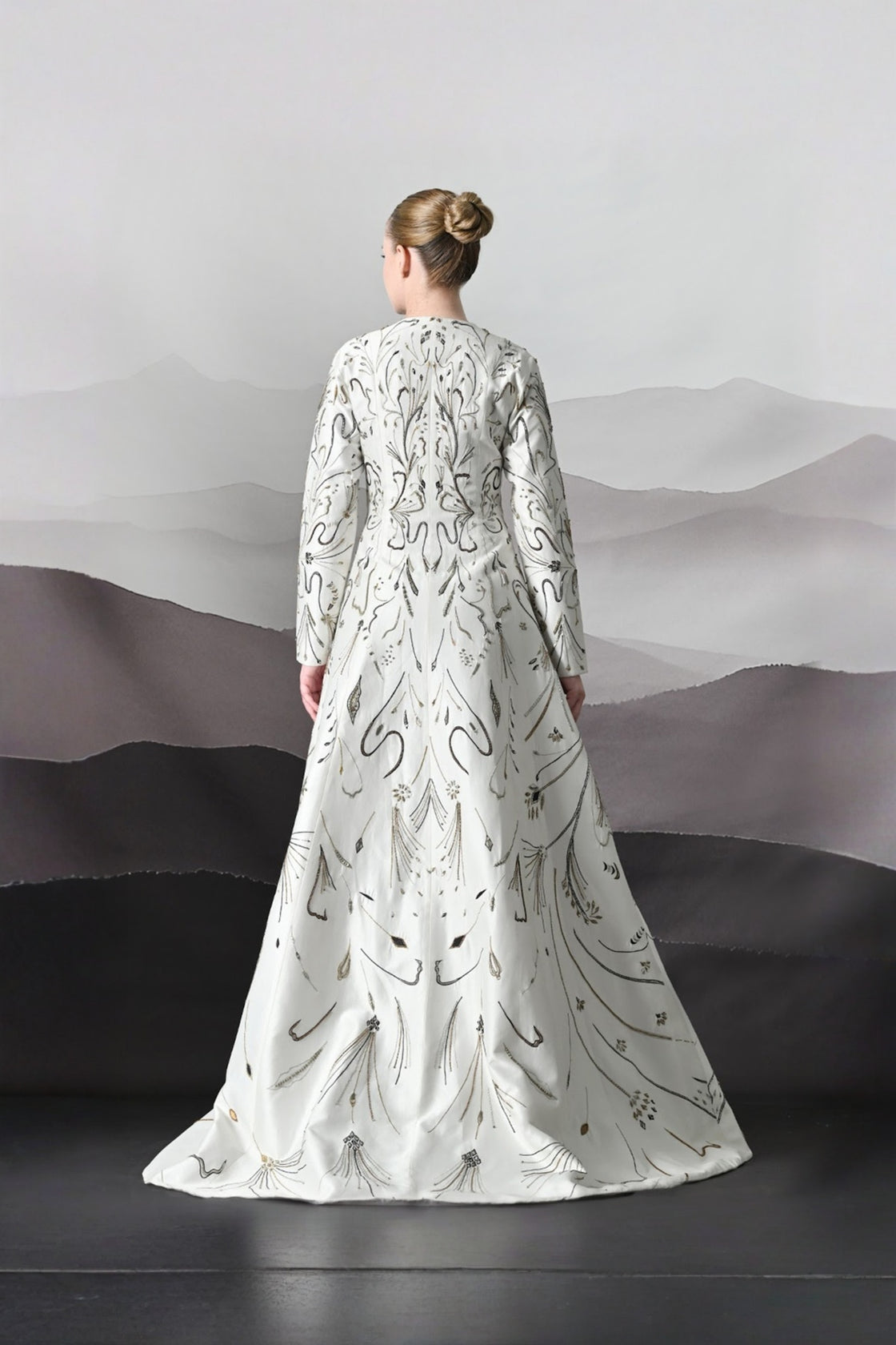 Elegant Ivory Full-Length Gown With Intricate Gold Embroidery