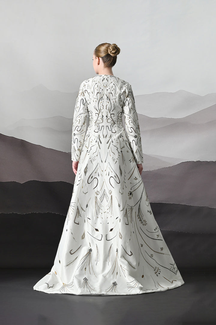 Elegant Ivory Full-Length Gown With Intricate Gold Embroidery