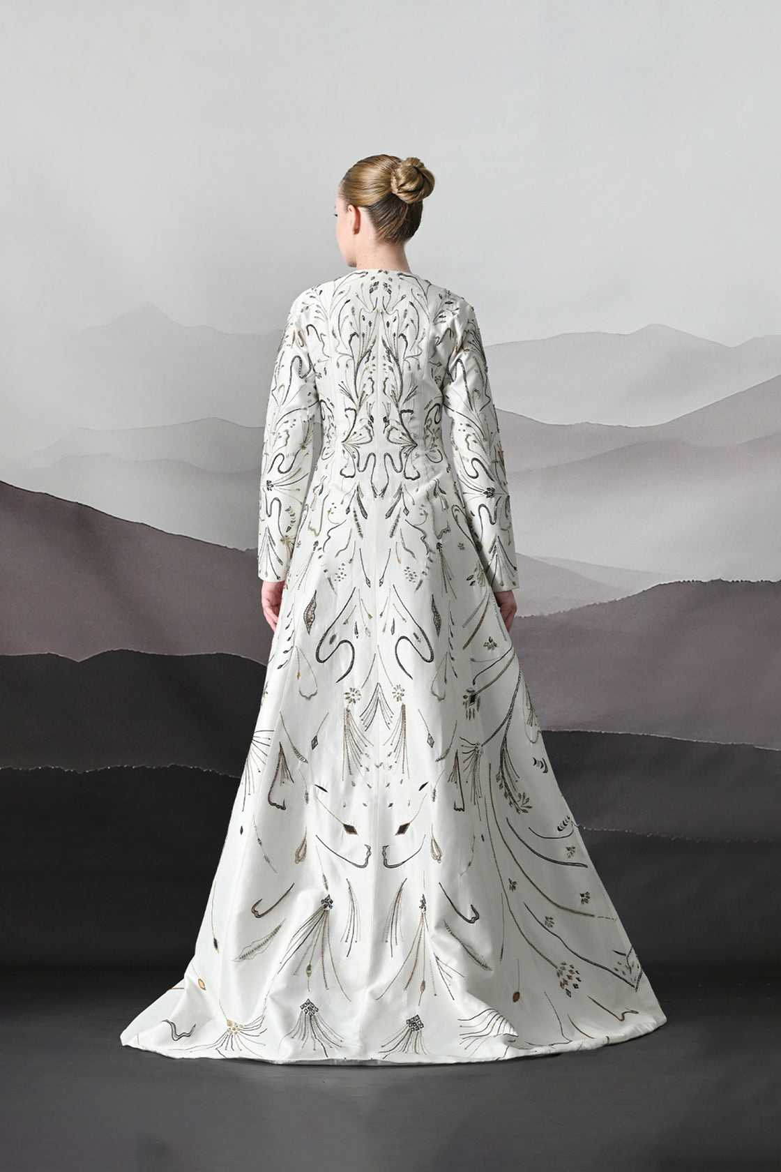 Elegant Ivory Full-Length Gown With Intricate Gold Embroidery