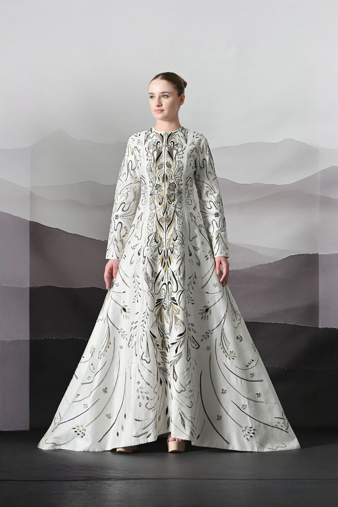Elegant Ivory Full-Length Gown With Intricate Gold Embroidery