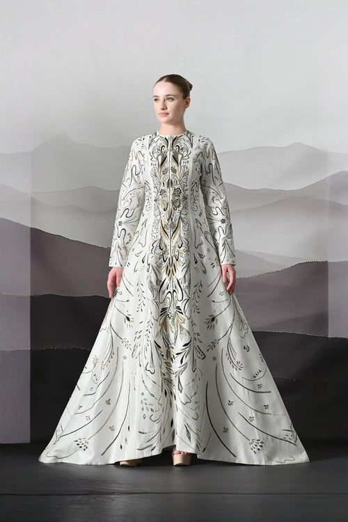 Elegant Ivory Full-Length Gown With Intricate Gold Embroidery