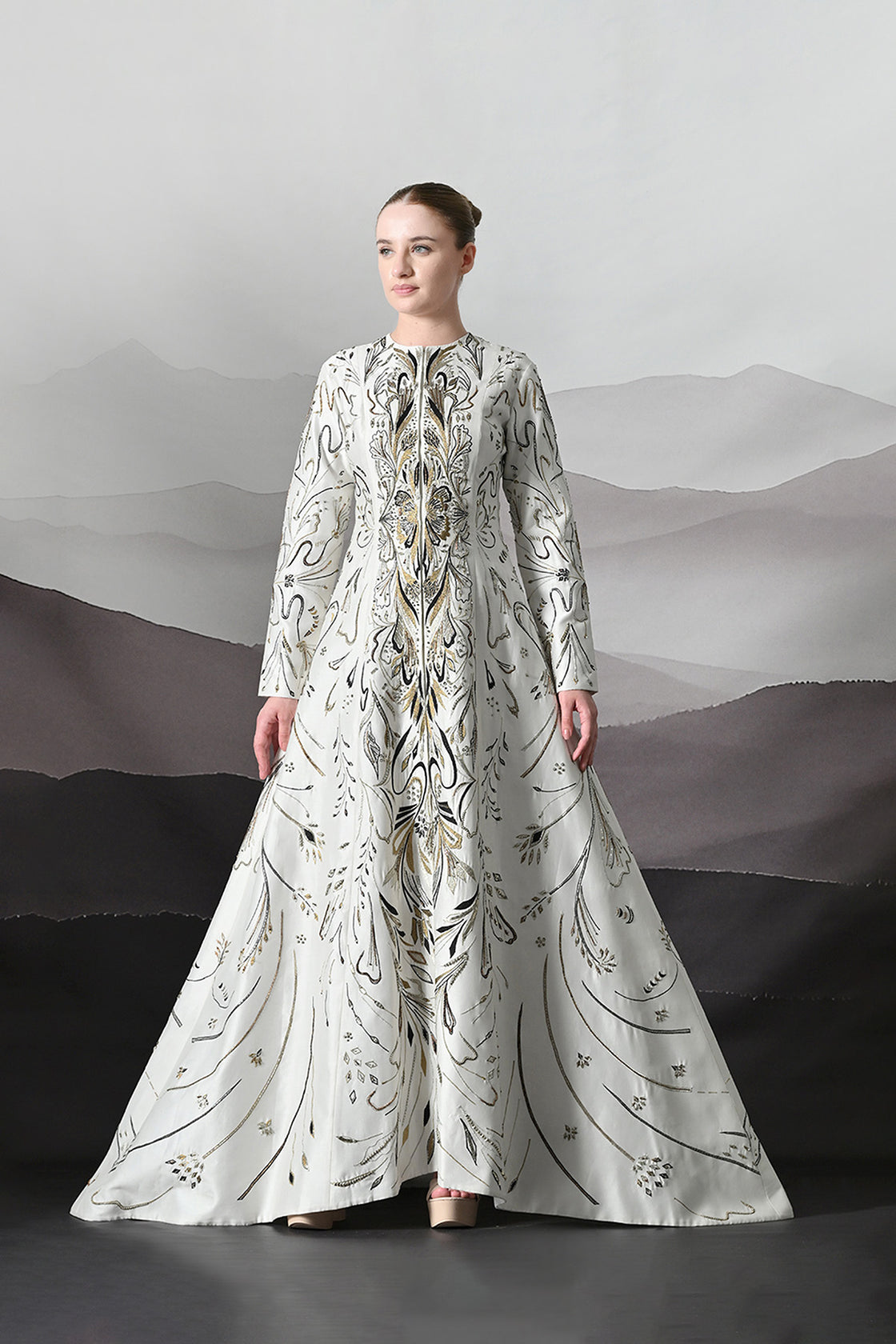 Elegant Ivory Full-Length Gown With Intricate Gold Embroidery