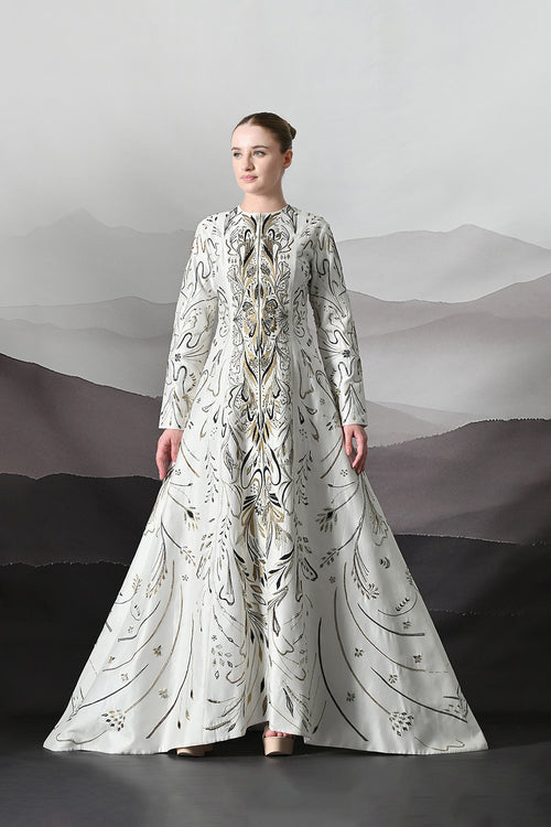 Elegant Ivory Full-Length Gown With Intricate Gold Embroidery