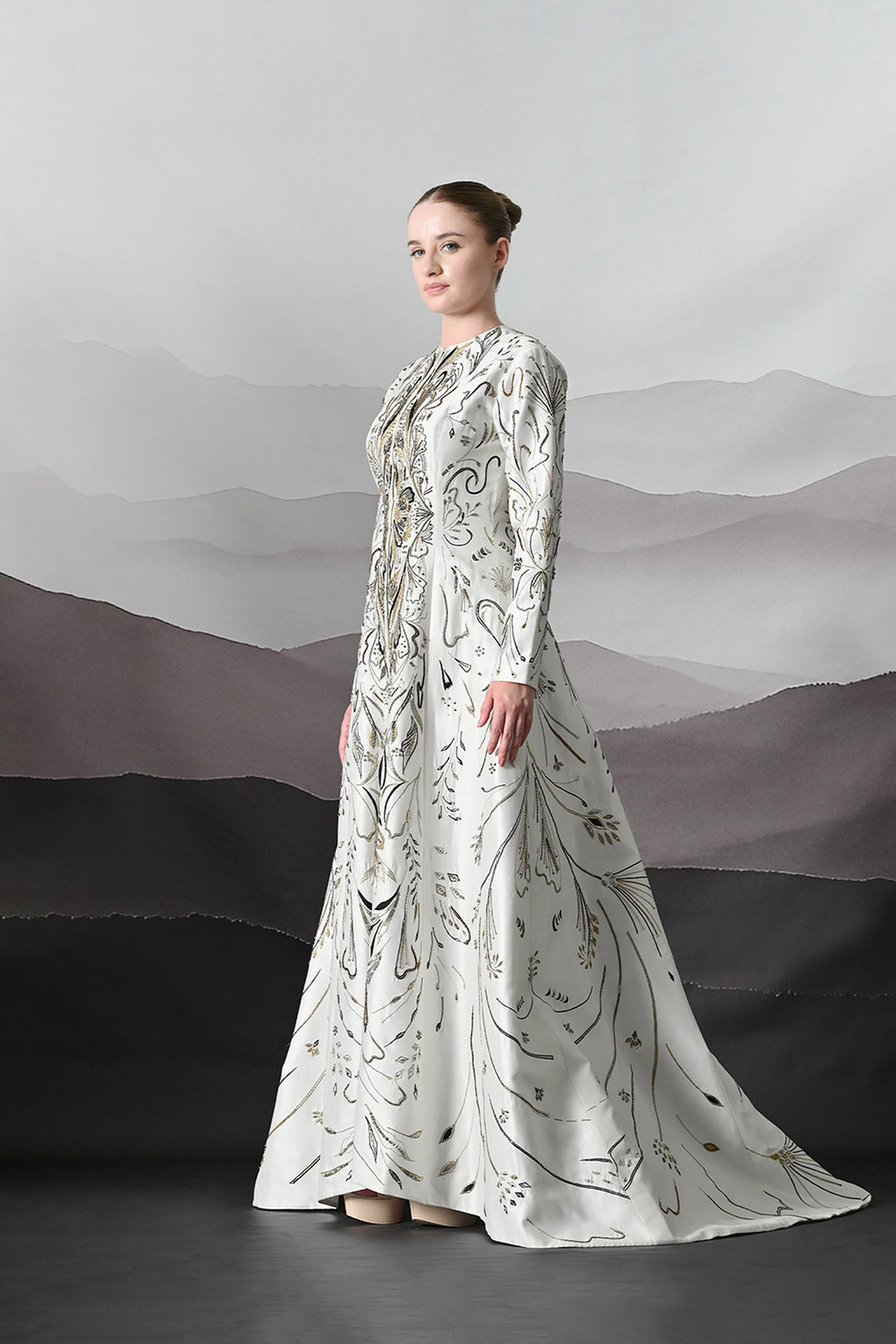 Elegant Ivory Full-Length Gown With Intricate Gold Embroidery
