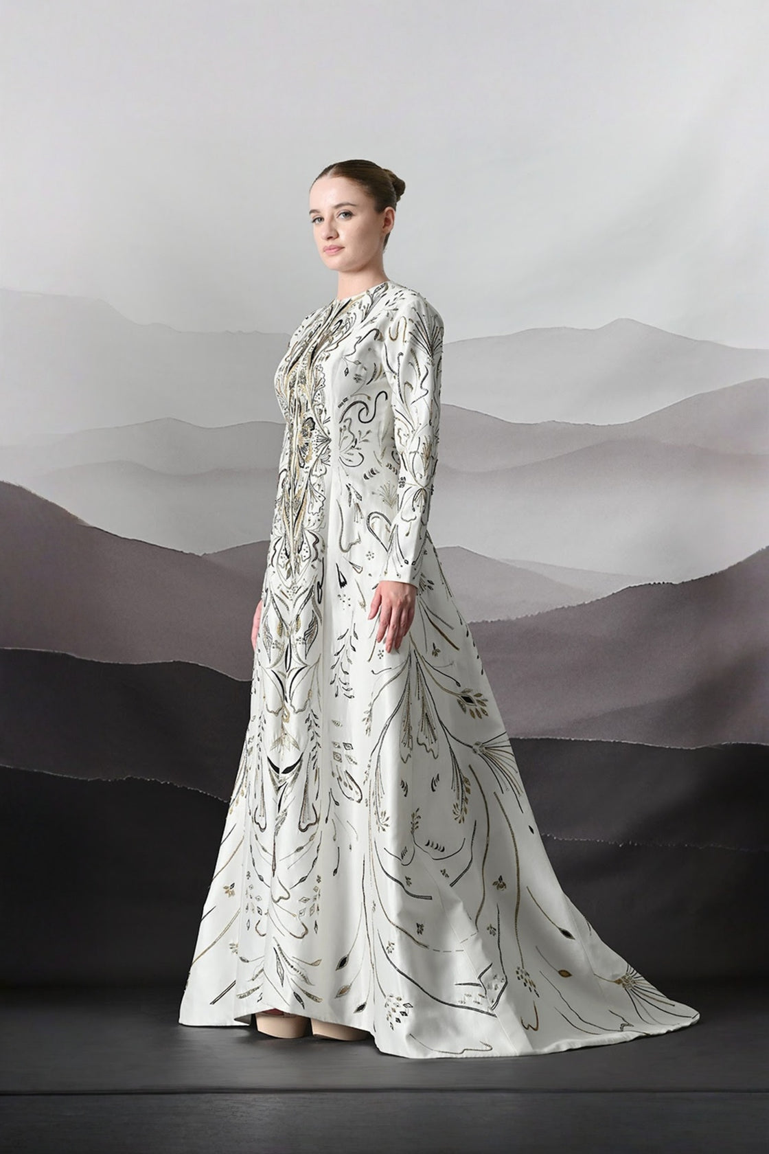 Elegant Ivory Full-Length Gown With Intricate Gold Embroidery