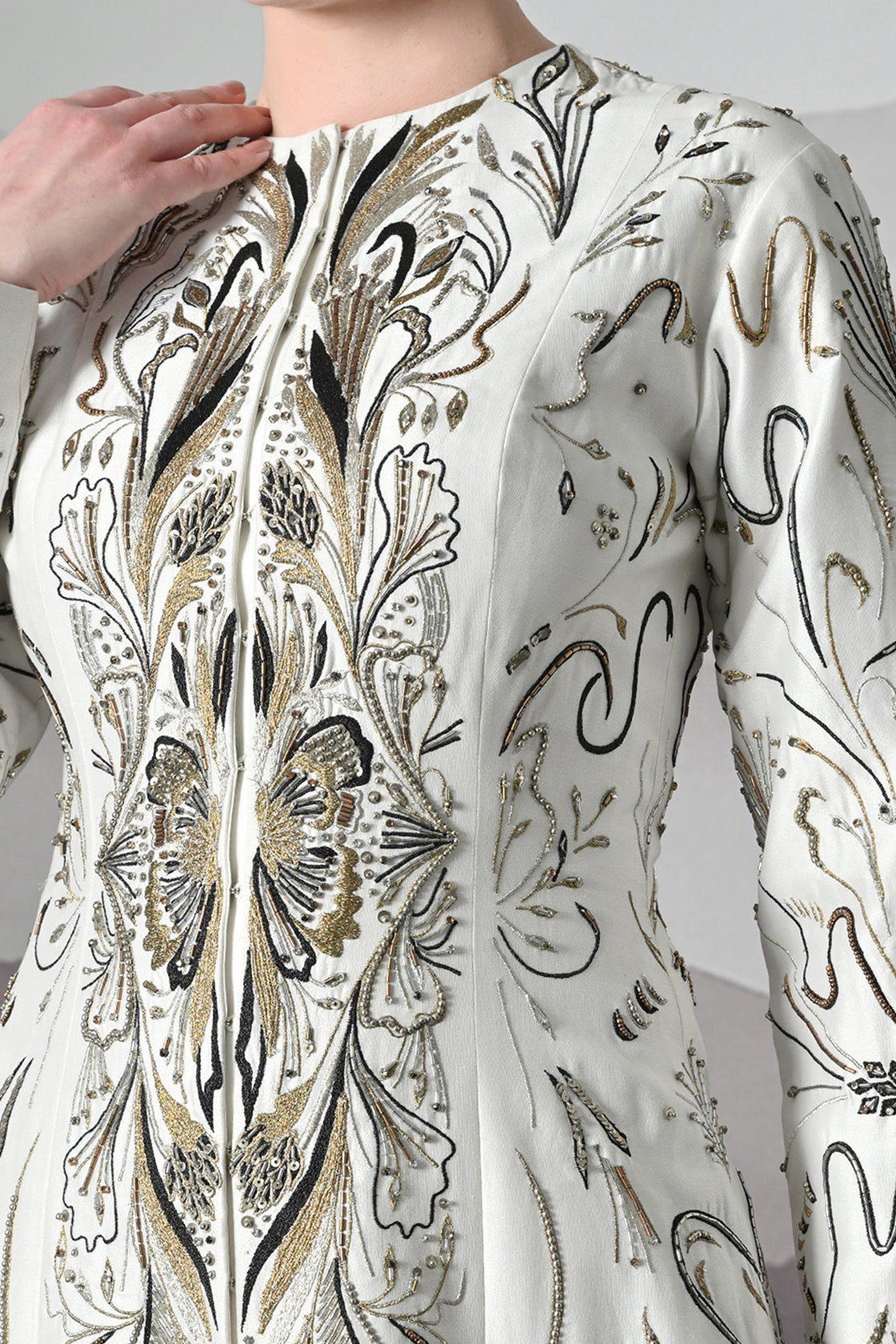 Elegant Ivory Full-Length Gown With Intricate Gold Embroidery