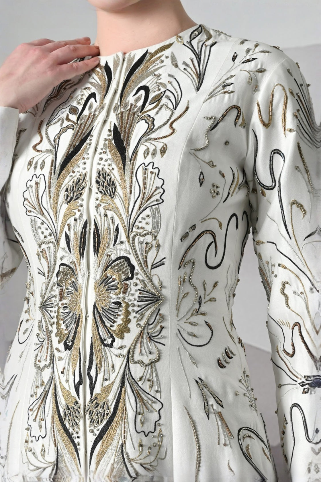 Elegant Ivory Full-Length Gown With Intricate Gold Embroidery
