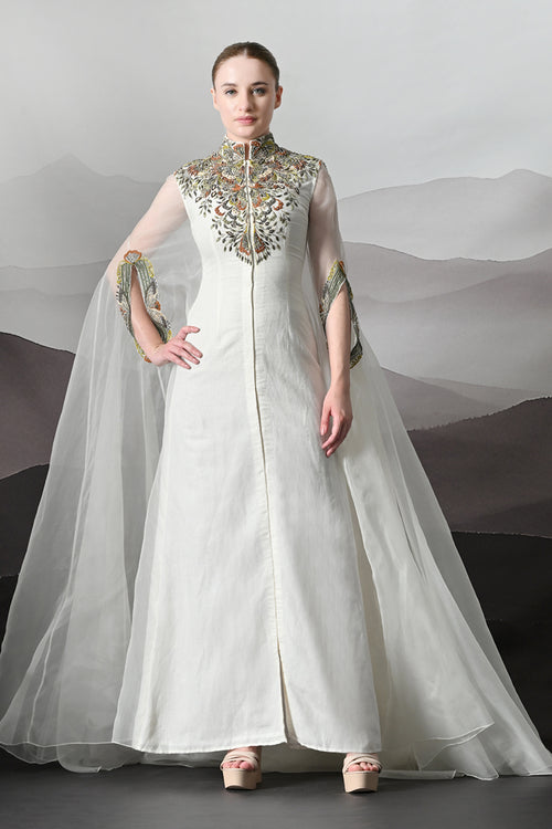 Ivory Kaftan with Hand-Embroidered Detail and Fluid Drape
