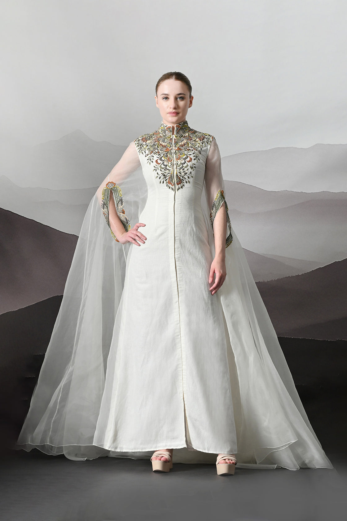 Ivory Kaftan With Hand-Embroidered Detail And Fluid Drape