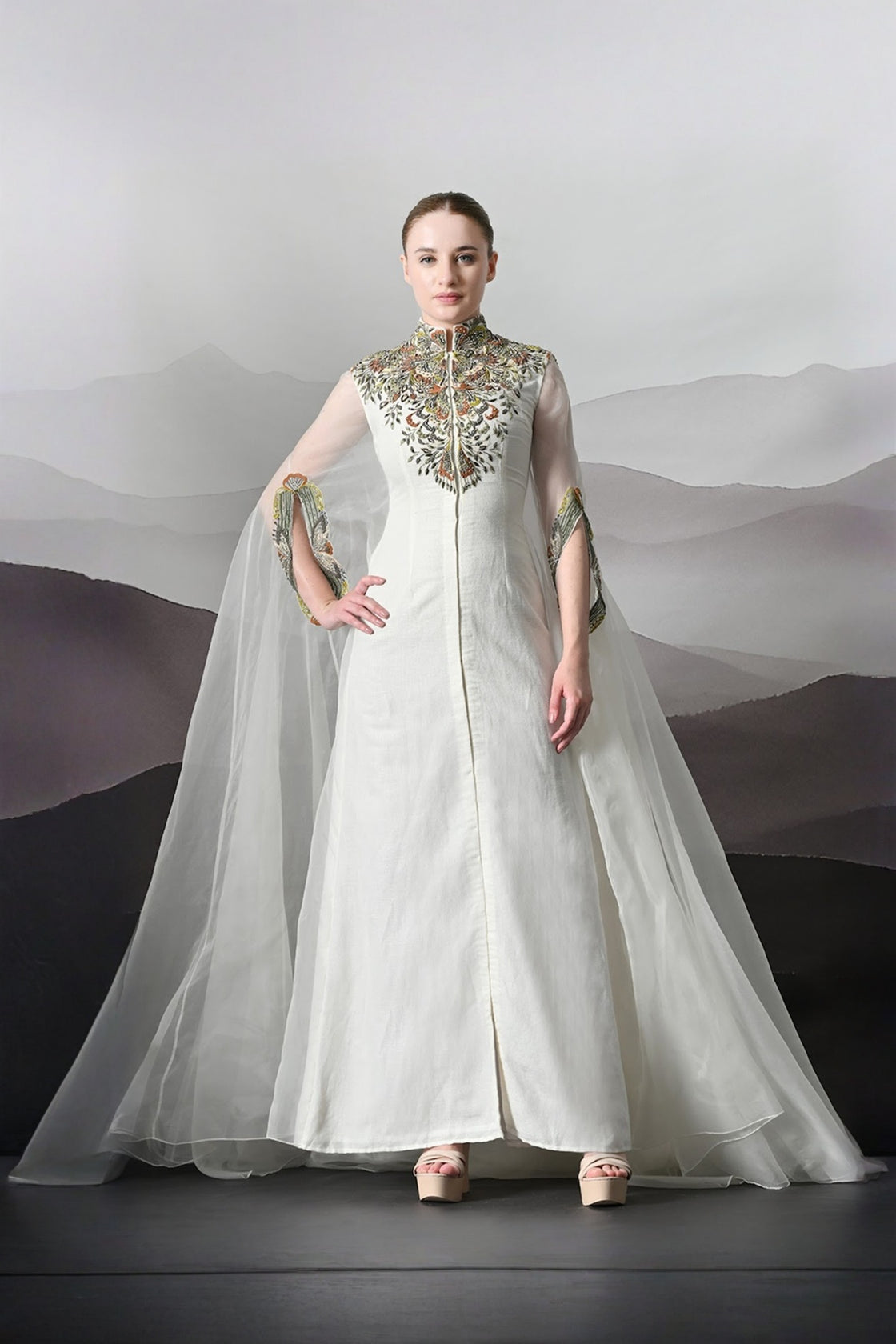 Ivory Kaftan With Hand-Embroidered Detail And Fluid Drape