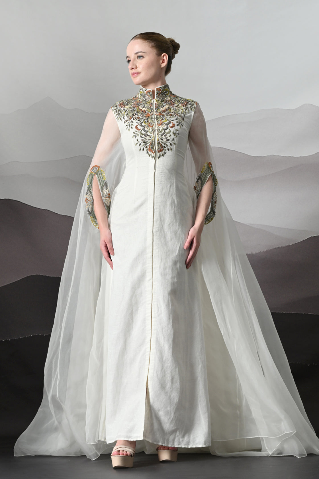Ivory Kaftan with Hand-Embroidered Detail and Fluid Drape