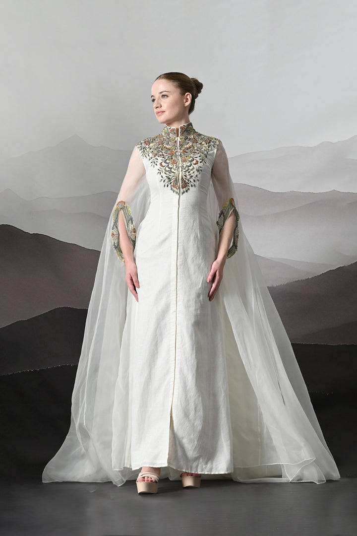 Ivory Kaftan With Hand-Embroidered Detail And Fluid Drape