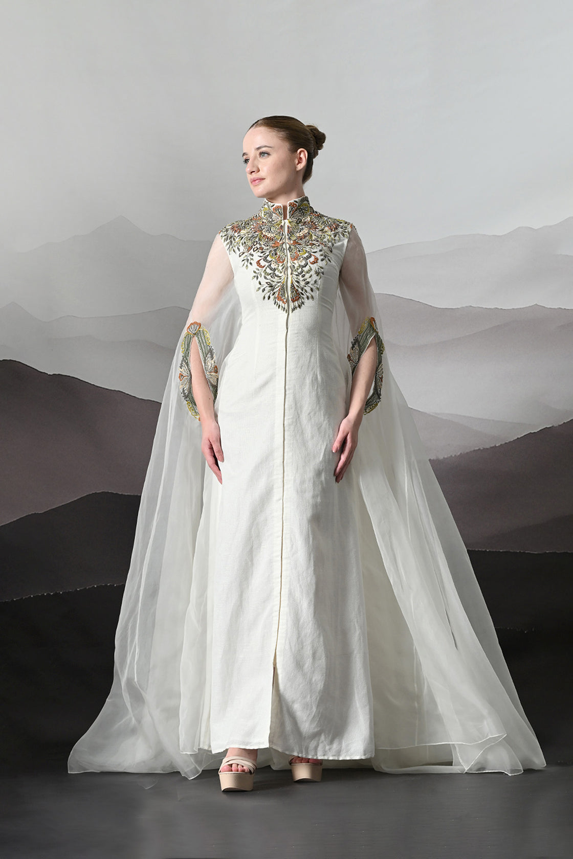 Ivory Kaftan With Hand-Embroidered Detail And Fluid Drape