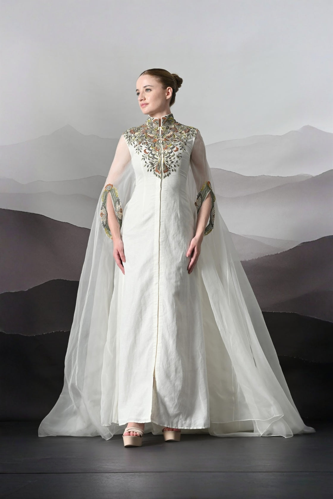 Ivory Kaftan With Hand-Embroidered Detail And Fluid Drape