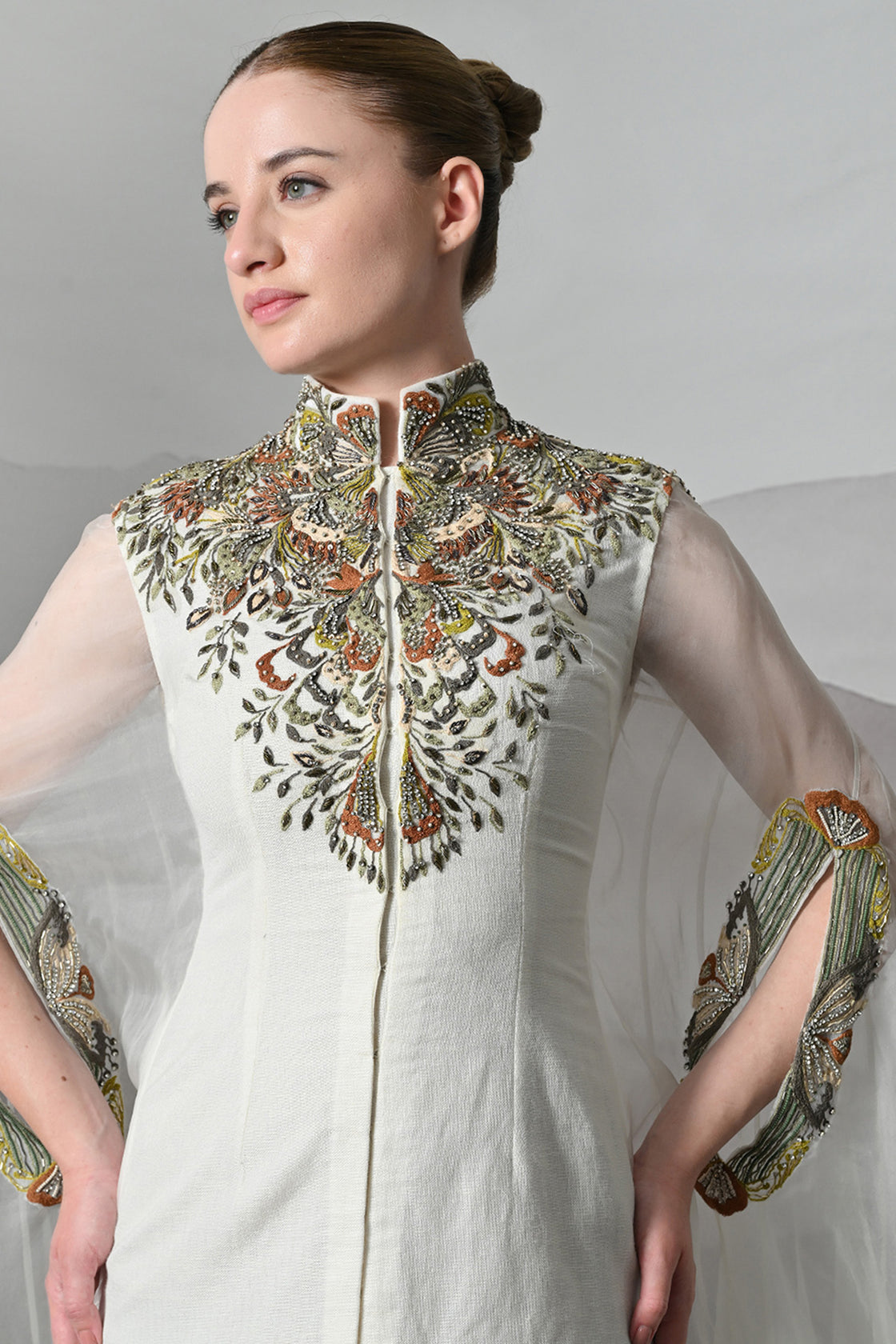 Ivory Kaftan With Hand-Embroidered Detail And Fluid Drape