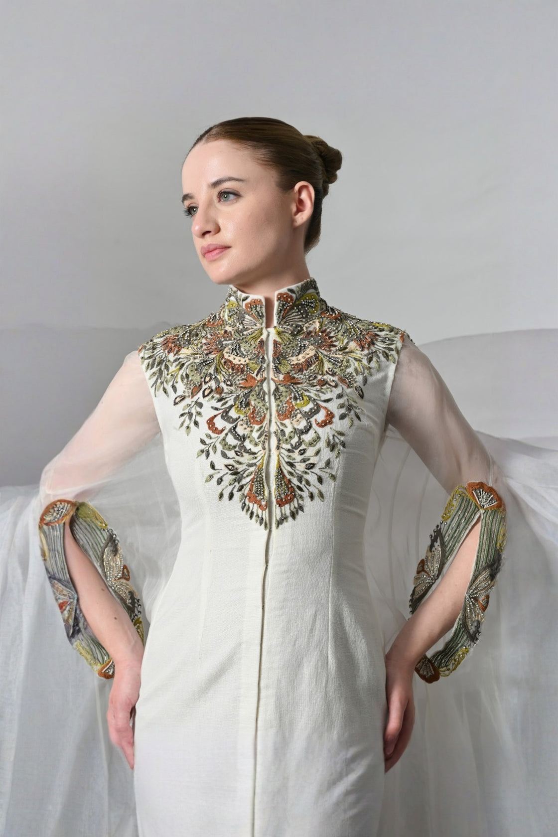 Ivory Kaftan With Hand-Embroidered Detail And Fluid Drape