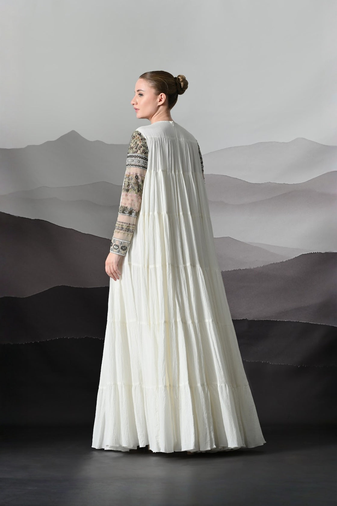 Ivory Artisanal Embroidered Gown With Panelled Overlay