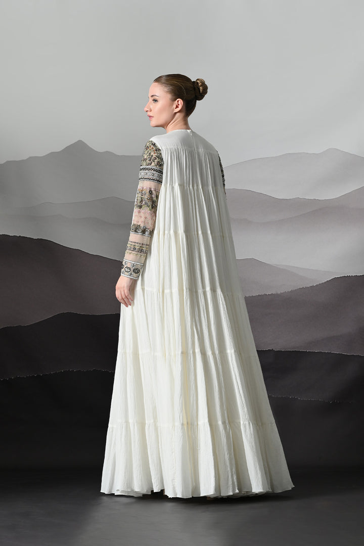 Ivory Artisanal Embroidered Gown With Panelled Overlay