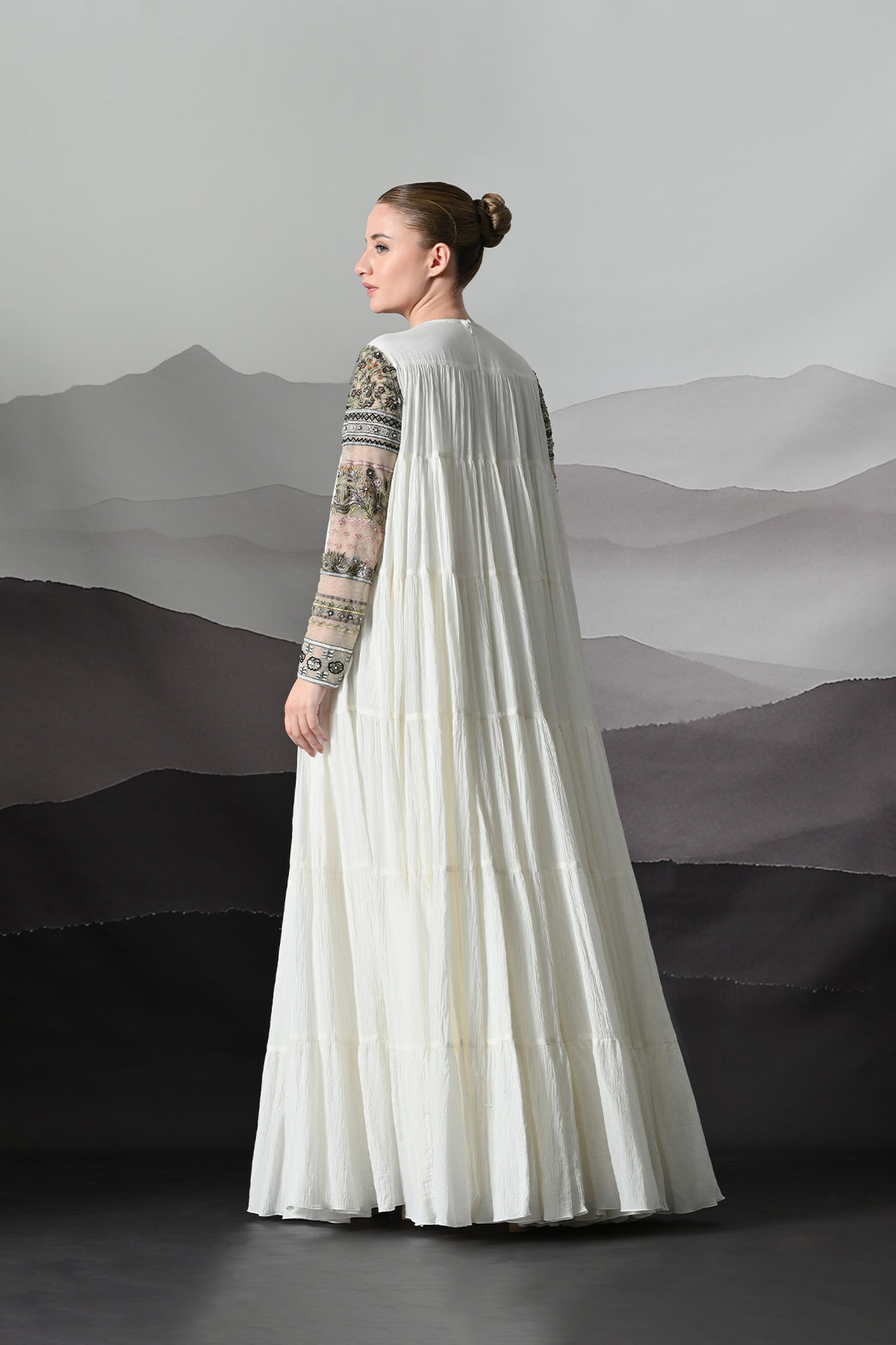 Ivory Artisanal Embroidered Gown With Panelled Overlay