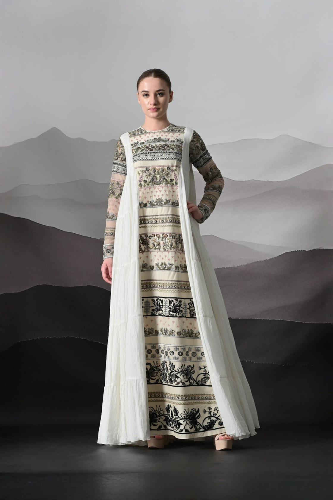 Ivory Artisanal Embroidered Gown With Panelled Overlay