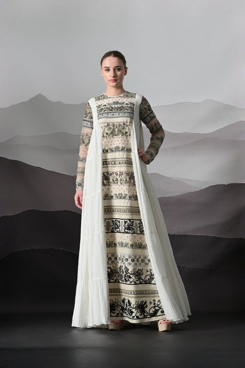Ivory Artisanal Embroidered Gown With Panelled Overlay