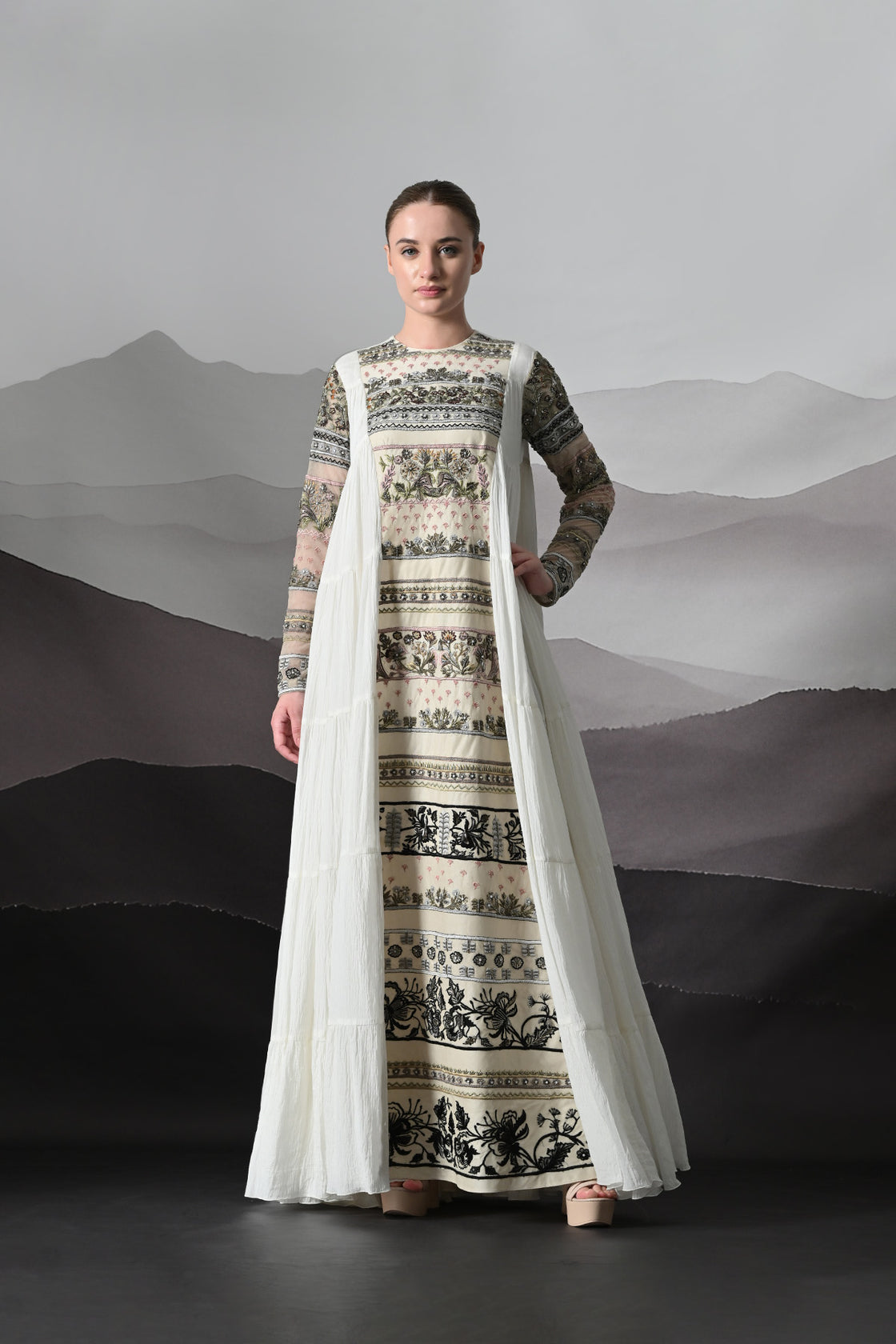 Ivory Artisanal Embroidered Gown With Panelled Overlay