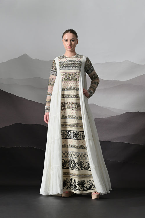 Ivory Artisanal Embroidered Gown With Panelled Overlay